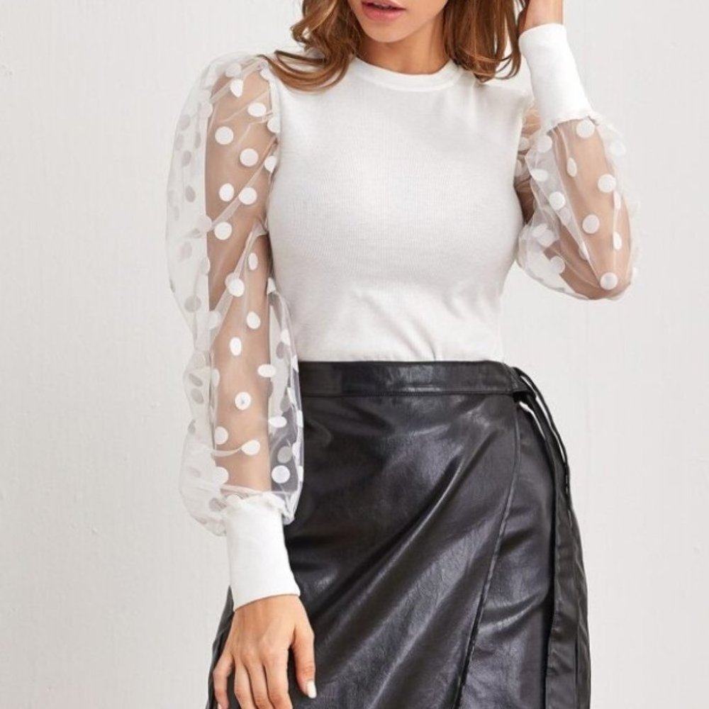 Polka Dot Sheer Sleeve Fitted Top white